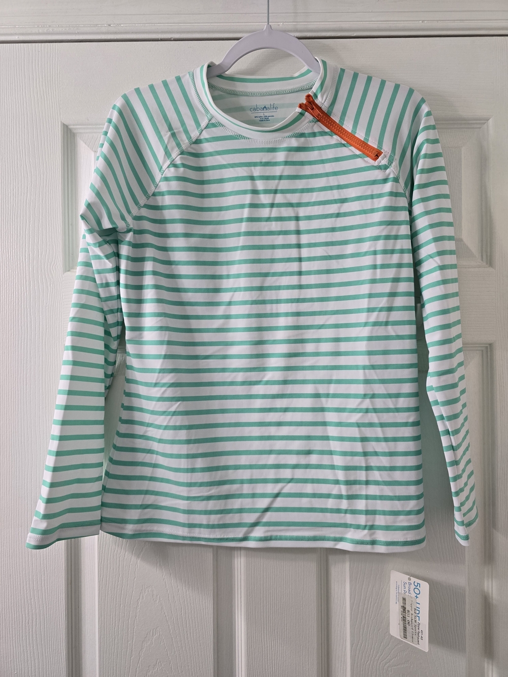 NWT Cabana Life Mint Striped Rash Guard SPF Top with Orange Zipper - Large